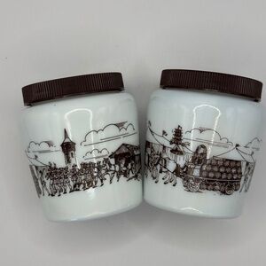 Vintage Milk Glass Mustard Jars Octoberfest Parade Pair of 2 Jars with Lids